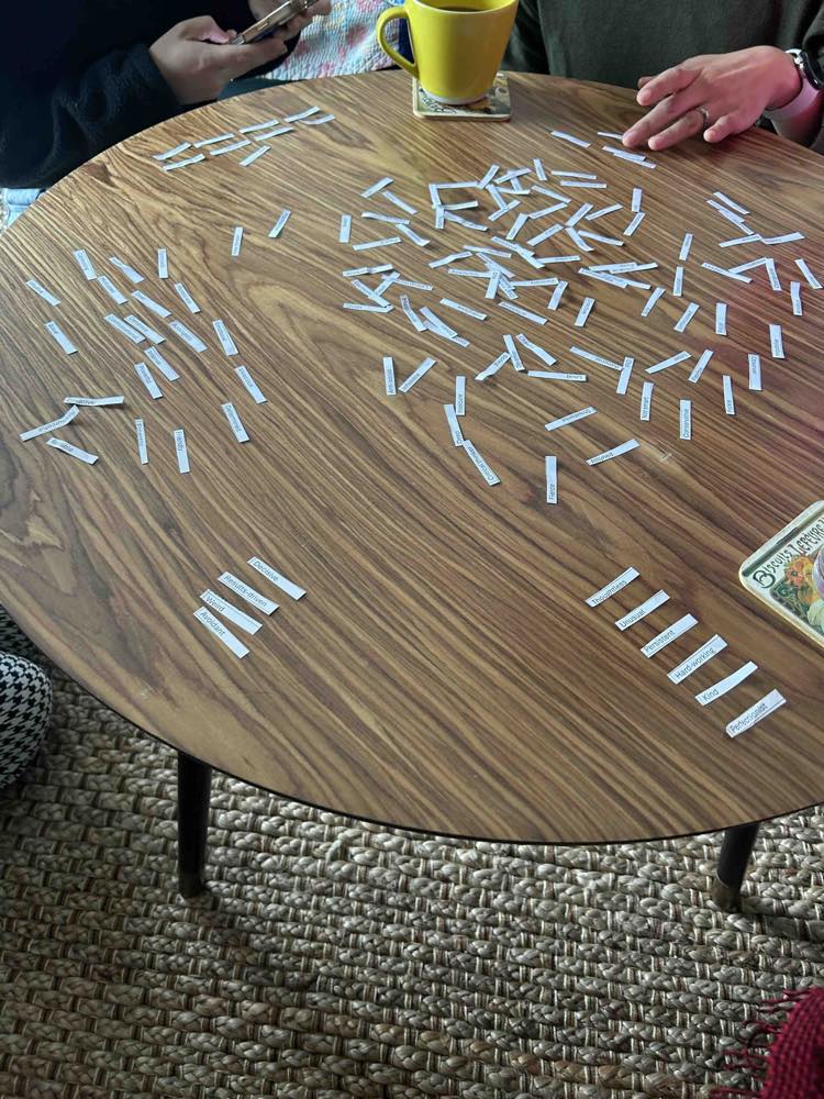 Participants at a strategy session sorting printed value cards across a table.